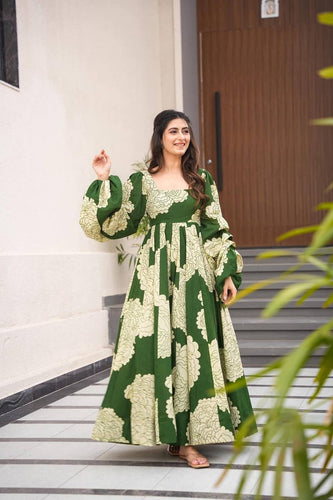 Green Luxury Maslin Digital Print Gown Suit with Micro Cotton Pants ClothsVilla