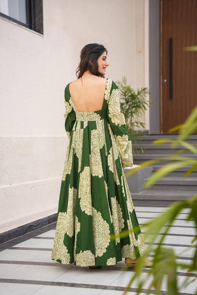 Green Luxury Maslin Digital Print Gown Suit with Micro Cotton Pants ClothsVilla