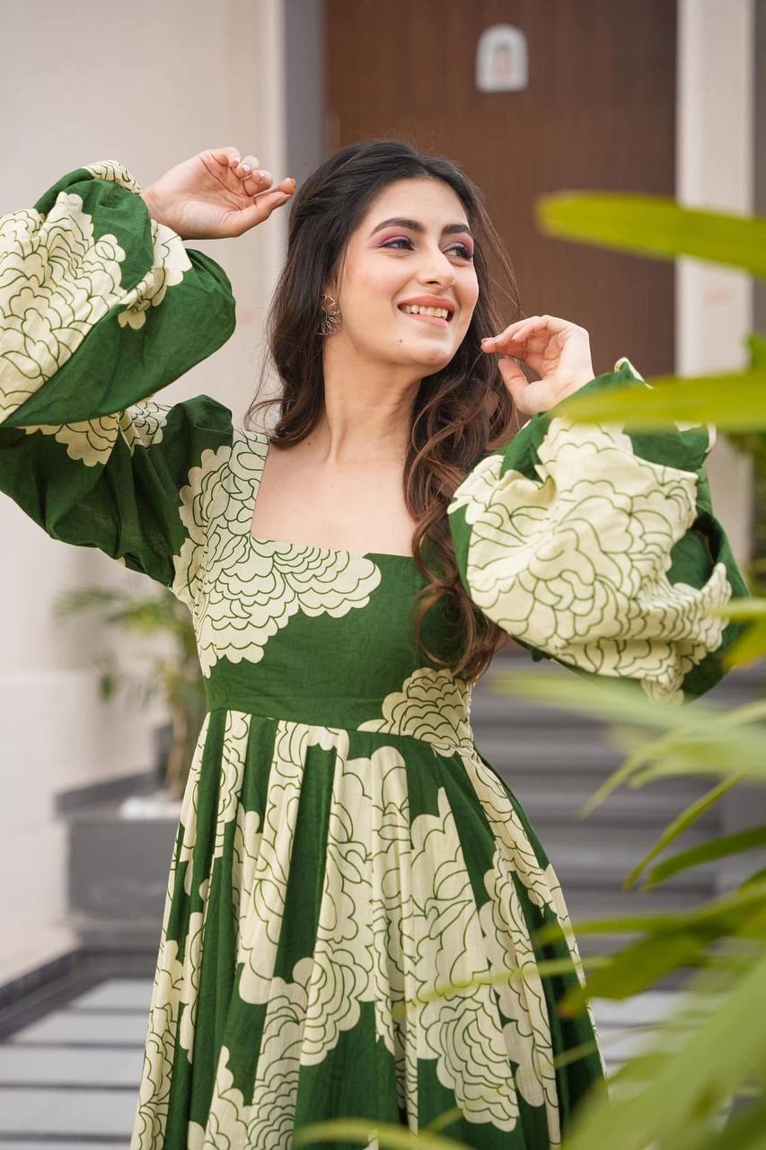 Green Luxury Maslin Digital Print Gown Suit with Micro Cotton Pants ClothsVilla
