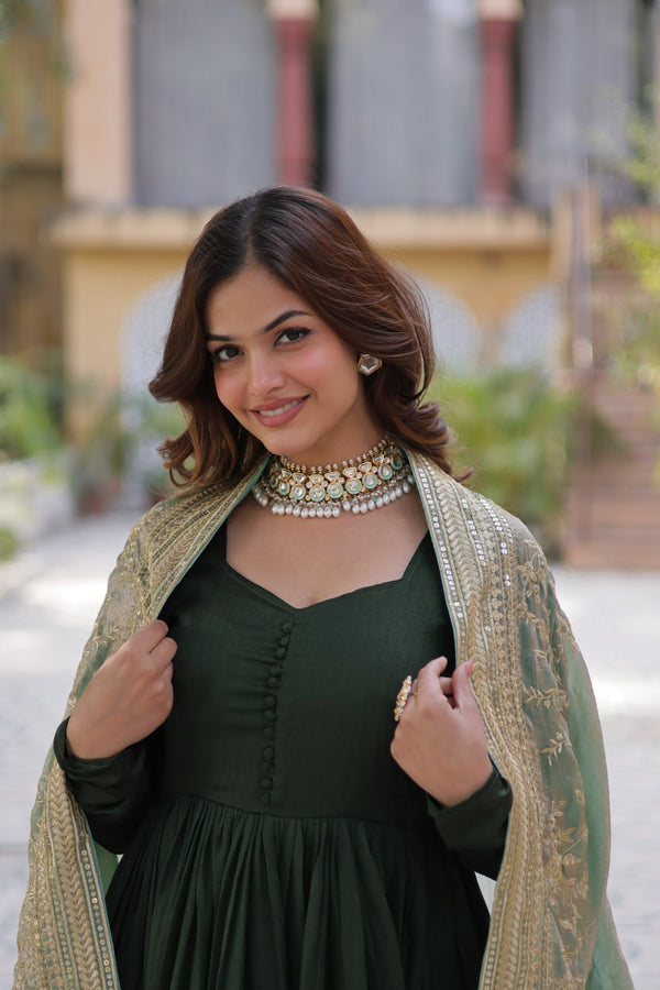 Green Luxury Shimmer Vichitra Gown with Embroidered Dupatta – Elegance Redefined ClothsVilla