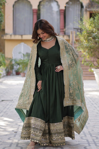 Green Luxury Shimmer Vichitra Gown with Embroidered Dupatta – Elegance Redefined ClothsVilla