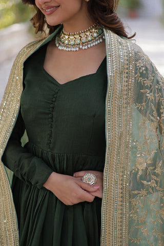 Green Luxury Shimmer Vichitra Gown with Embroidered Dupatta – Elegance Redefined ClothsVilla