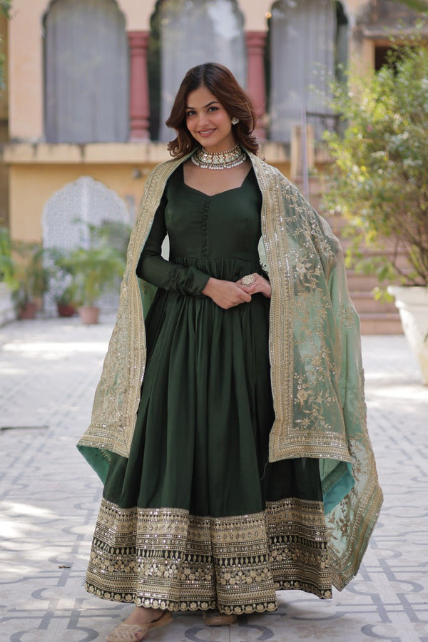 Green Luxury Shimmer Vichitra Gown with Embroidered Dupatta – Elegance Redefined ClothsVilla