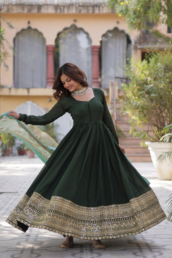 Green Luxury Shimmer Vichitra Gown with Embroidered Dupatta – Elegance Redefined ClothsVilla