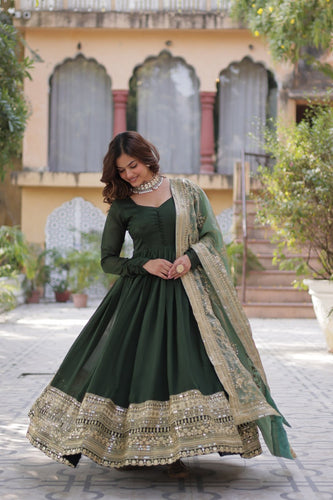 Green Luxury Shimmer Vichitra Gown with Embroidered Dupatta – Elegance Redefined ClothsVilla