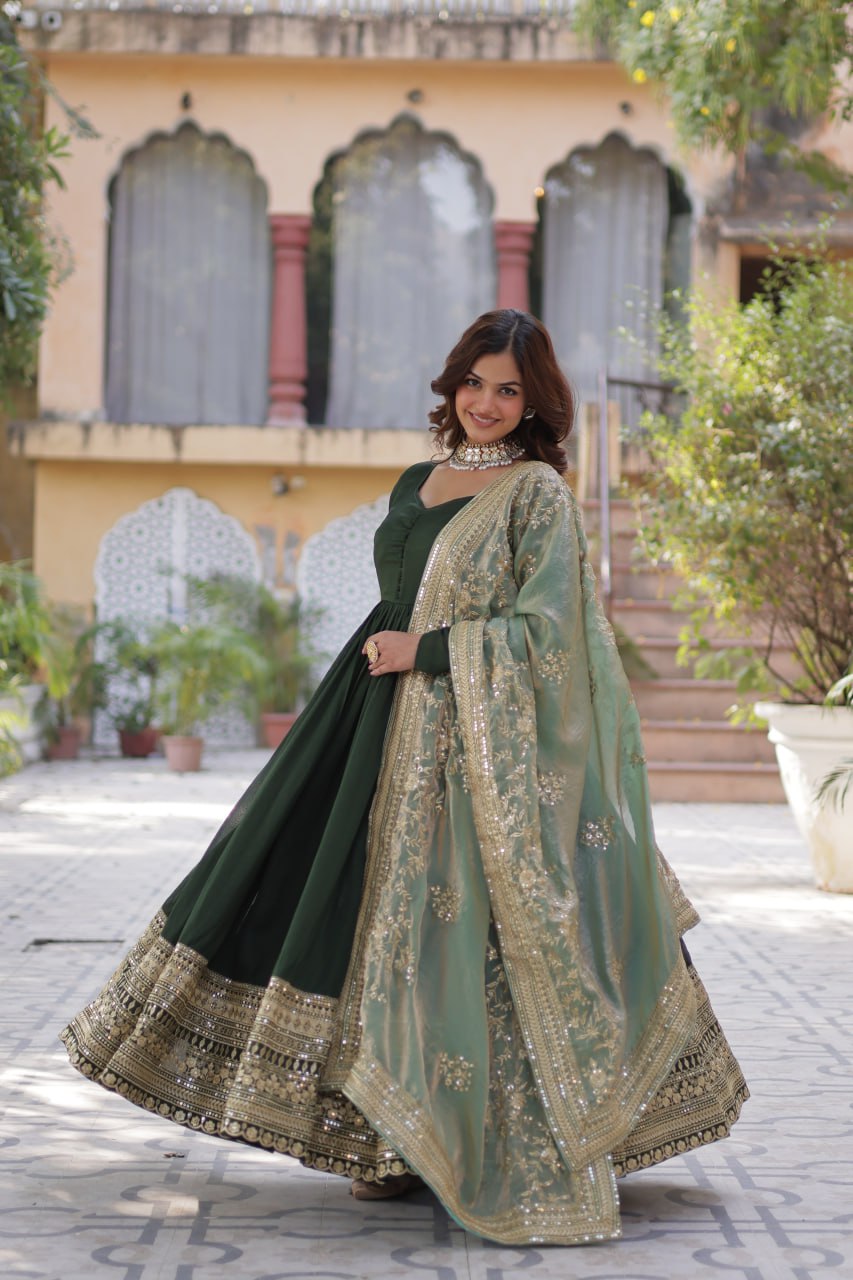 Green Luxury Shimmer Vichitra Gown with Embroidered Dupatta – Elegance Redefined ClothsVilla