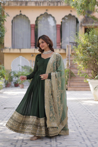 Green Luxury Shimmer Vichitra Gown with Embroidered Dupatta – Elegance Redefined ClothsVilla
