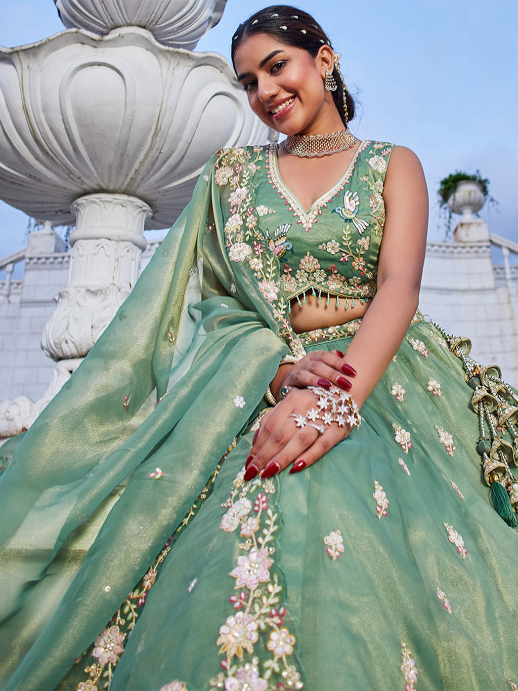 Green Luxury Tissue Fabric Sequin & Embroidery Work Lehenga Choli with Dupatta – 4.5 Meter Grand Flair, Fully Stitched ClothsVilla