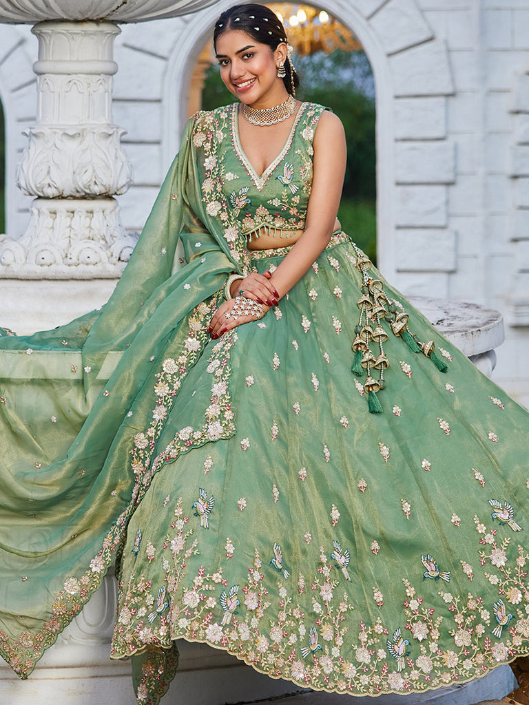 Green Luxury Tissue Fabric Sequin & Embroidery Work Lehenga Choli with Dupatta – 4.5 Meter Grand Flair, Fully Stitched ClothsVilla
