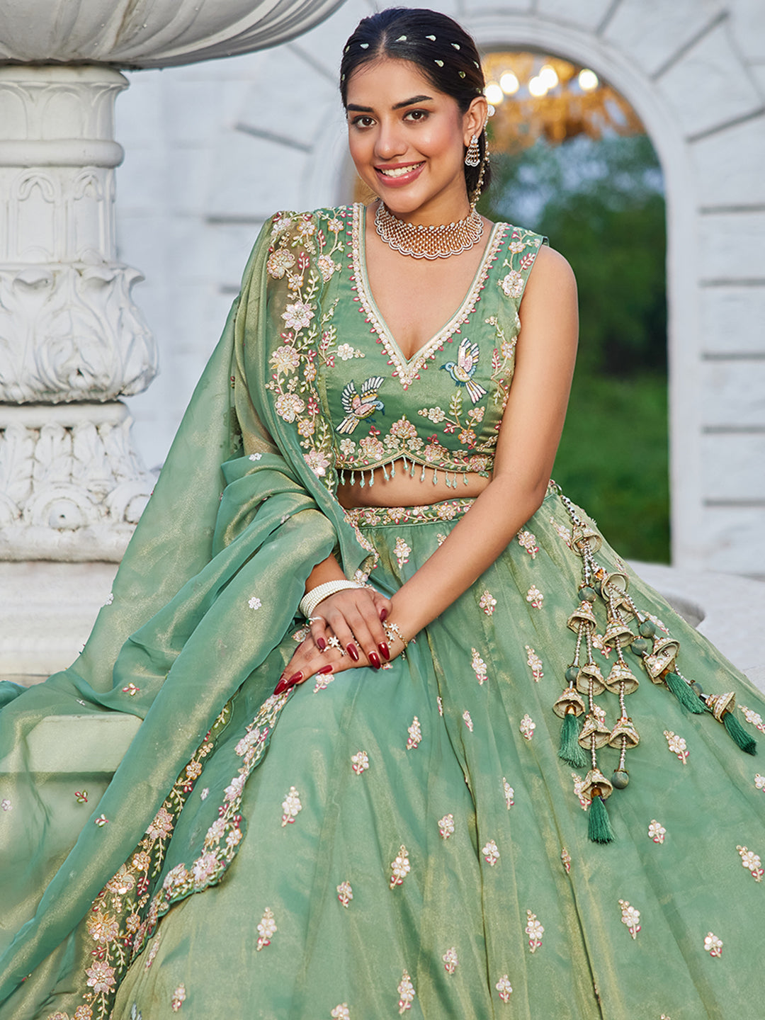 Green Luxury Tissue Fabric Sequin & Embroidery Work Lehenga Choli with Dupatta – 4.5 Meter Grand Flair, Fully Stitched ClothsVilla