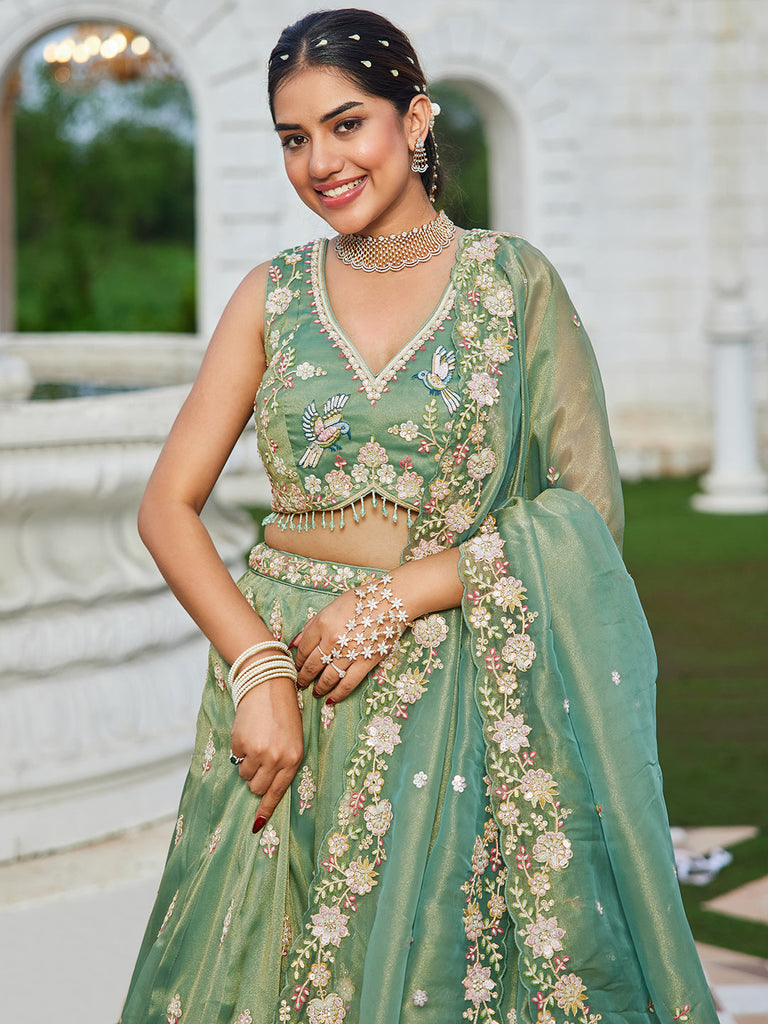Green Luxury Tissue Fabric Sequin & Embroidery Work Lehenga Choli with Dupatta – 4.5 Meter Grand Flair, Fully Stitched ClothsVilla