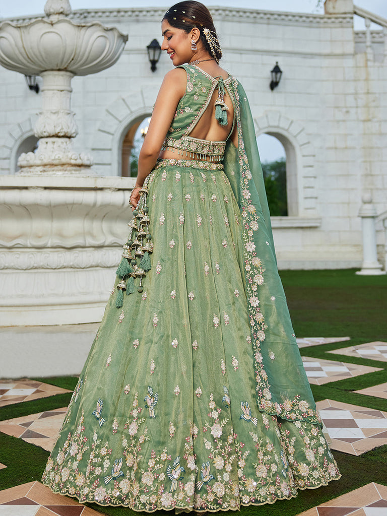 Green Luxury Tissue Fabric Sequin & Embroidery Work Lehenga Choli with Dupatta – 4.5 Meter Grand Flair, Fully Stitched ClothsVilla