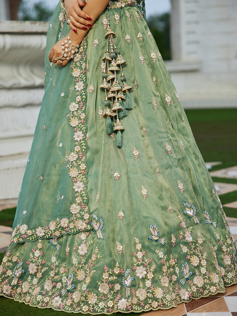 Green Luxury Tissue Fabric Sequin & Embroidery Work Lehenga Choli with Dupatta – 4.5 Meter Grand Flair, Fully Stitched ClothsVilla