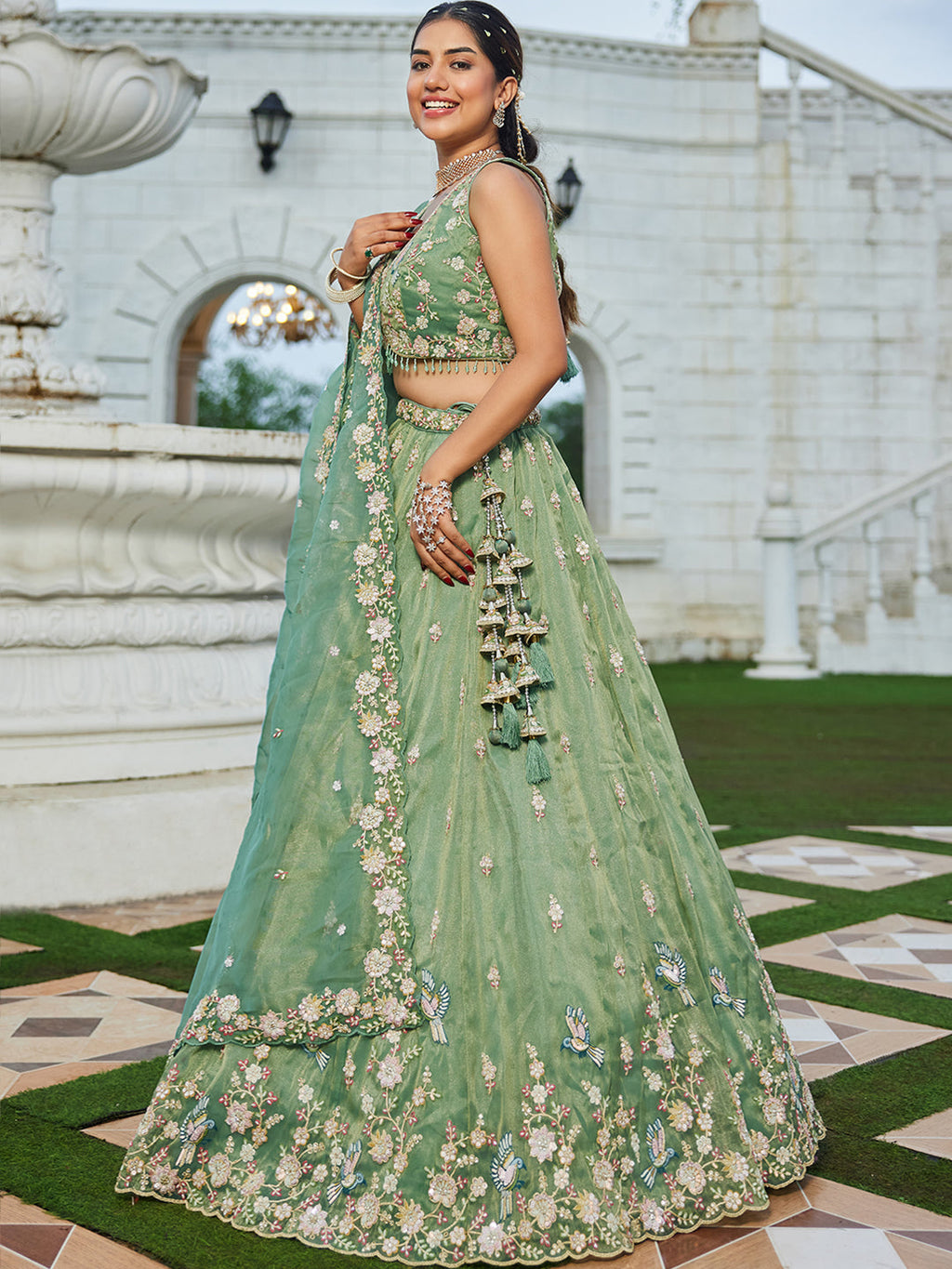 Green Luxury Tissue Fabric Sequin & Embroidery Work Lehenga Choli with Dupatta – 4.5 Meter Grand Flair, Fully Stitched ClothsVilla