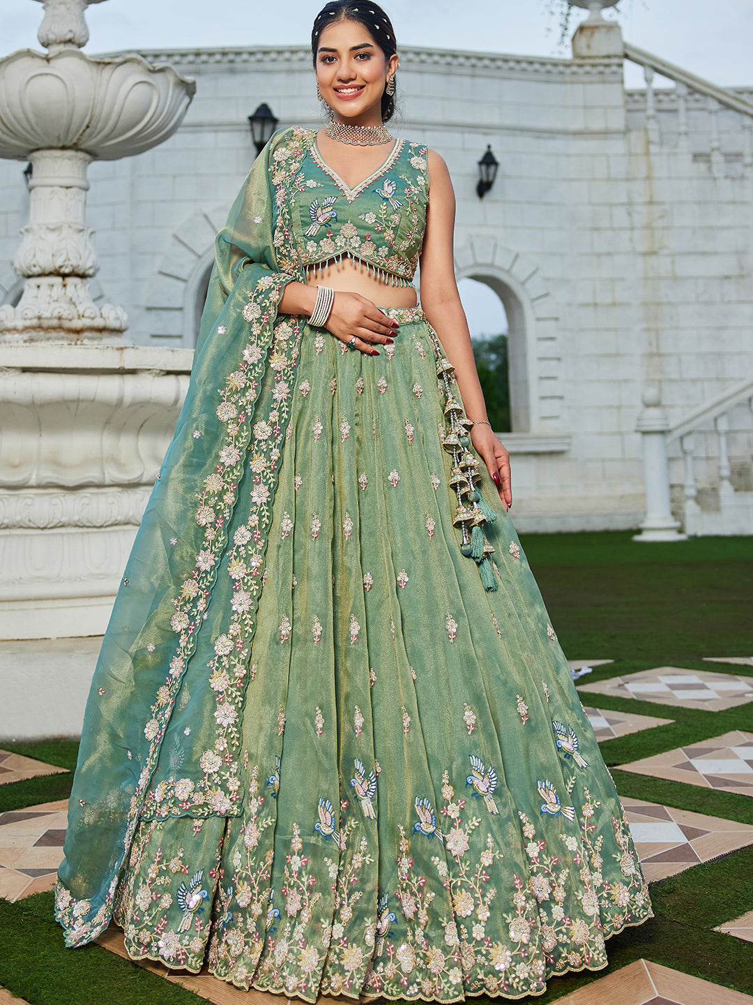 Green Luxury Tissue Fabric Sequin & Embroidery Work Lehenga Choli with Dupatta – 4.5 Meter Grand Flair, Fully Stitched ClothsVilla