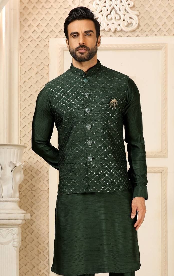 Green Men's Roman Silk Kurta Ethnic set ClothsVilla