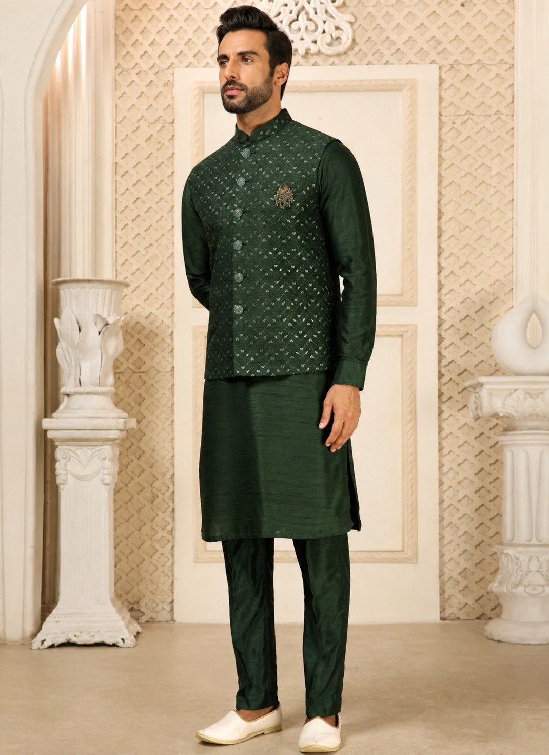 Green Men's Roman Silk Kurta Ethnic set ClothsVilla