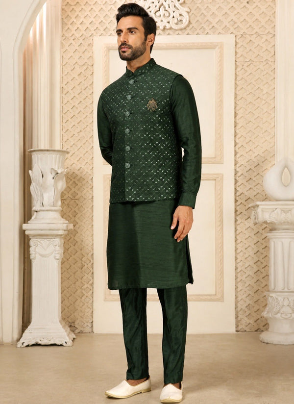 Green Men's Roman Silk Kurta Ethnic set ClothsVilla