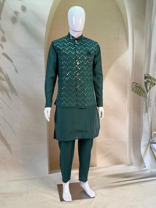 Green Men's Roman Silk Kurta Ethnic set ClothsVilla