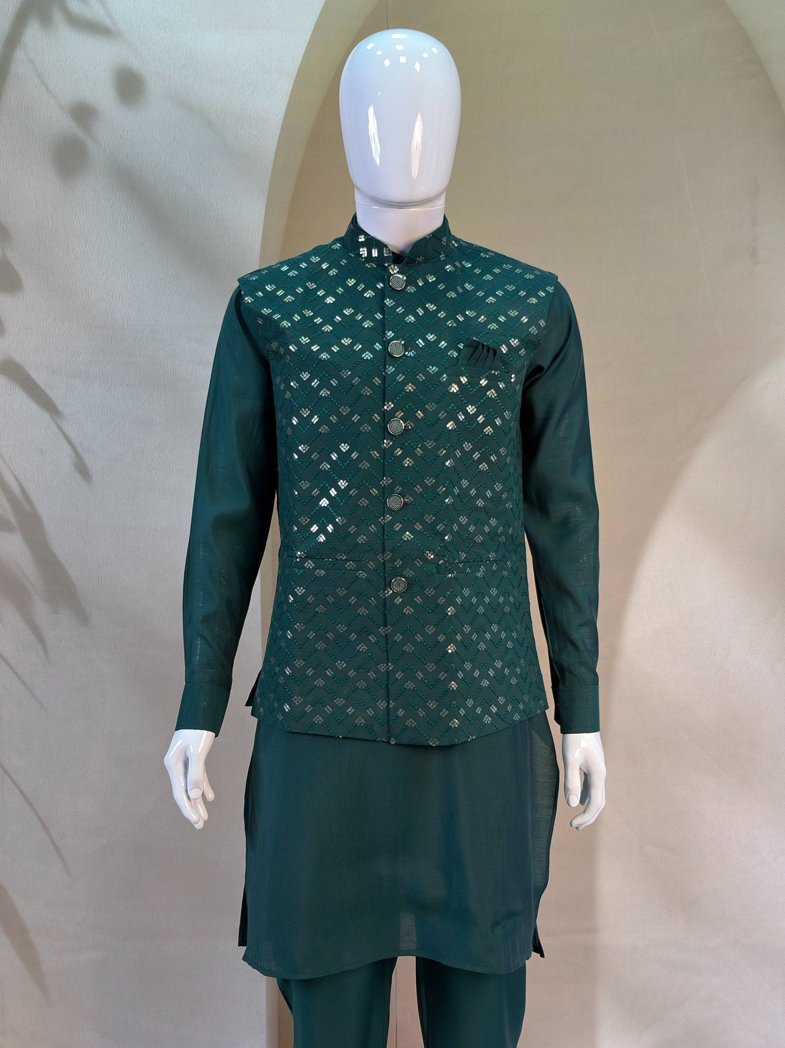 Green Men's Roman Silk Kurta Ethnic set ClothsVilla
