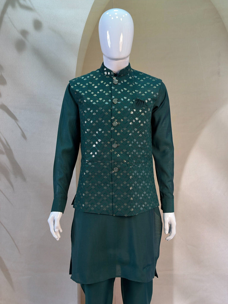 Green Men's Roman Silk Kurta Ethnic set ClothsVilla