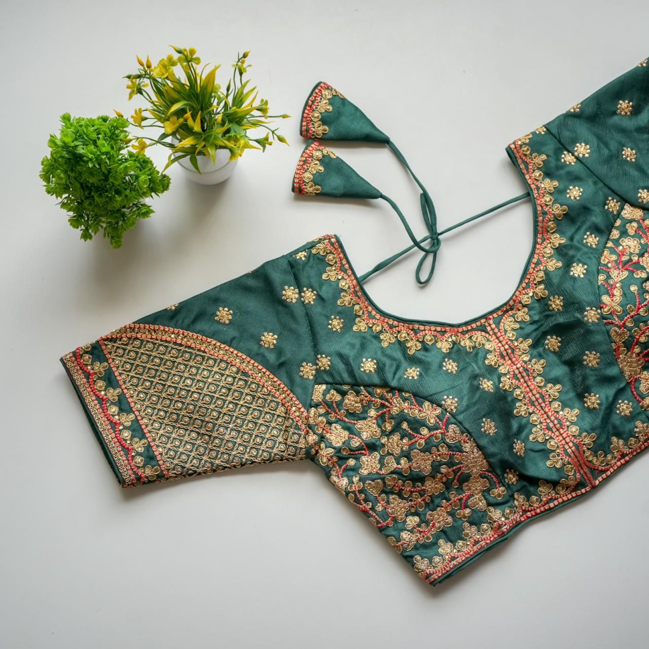 Green Mulmul Silk Blouse with Golden Embroidery and Sequins ClothsVilla Main image
