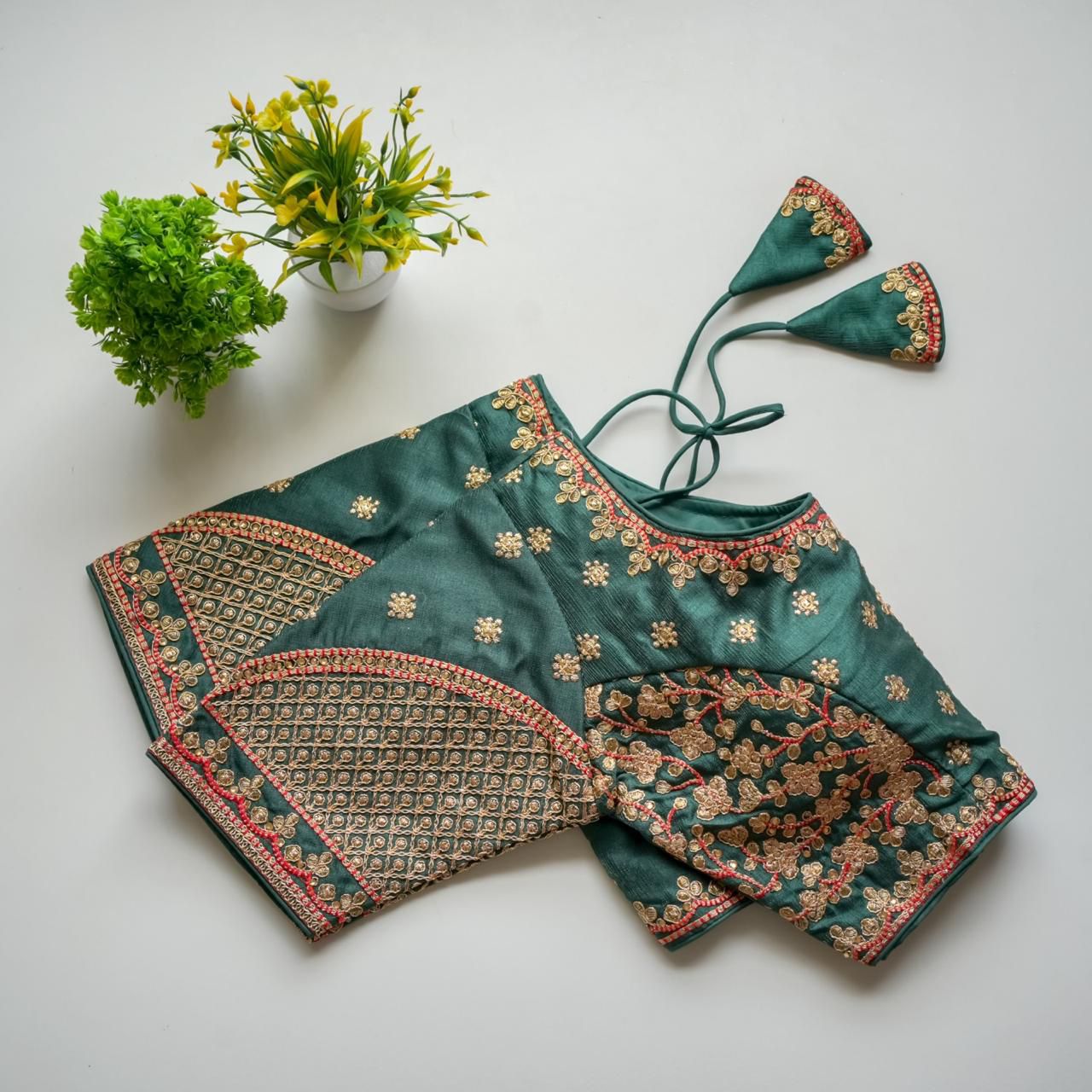 Green Mulmul Silk Blouse with Golden Embroidery and Sequins Secondary image