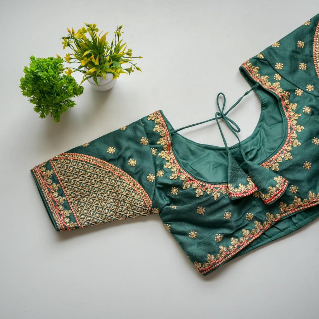 Green Mulmul Silk Blouse with Golden Embroidery and Sequins ClothsVilla