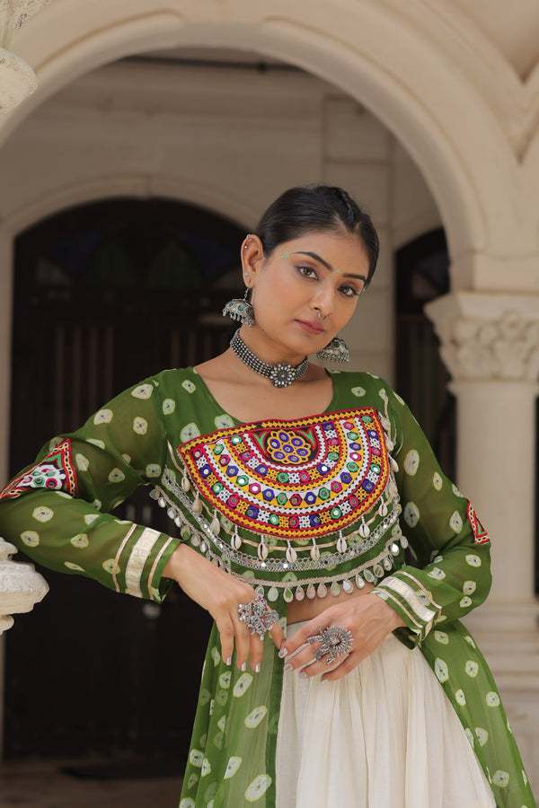 Green Navratri Special Bandhani Kurti with Kora Cotton Frill Lehenga Set – Full Stitched ClothsVilla