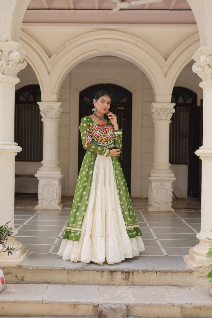 Green Navratri Special Bandhani Kurti with Kora Cotton Frill Lehenga Set – Full Stitched ClothsVilla