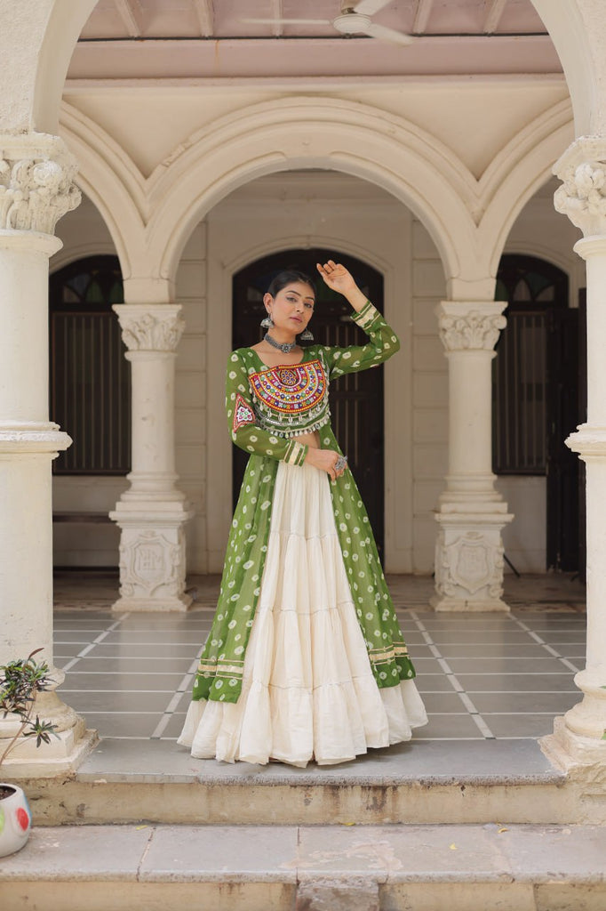 Green Navratri Special Bandhani Kurti with Kora Cotton Frill Lehenga Set – Full Stitched ClothsVilla