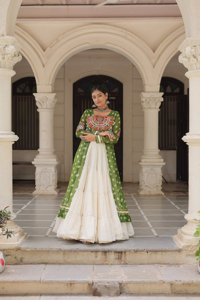 Green Navratri Special Bandhani Kurti with Kora Cotton Frill Lehenga Set – Full Stitched ClothsVilla