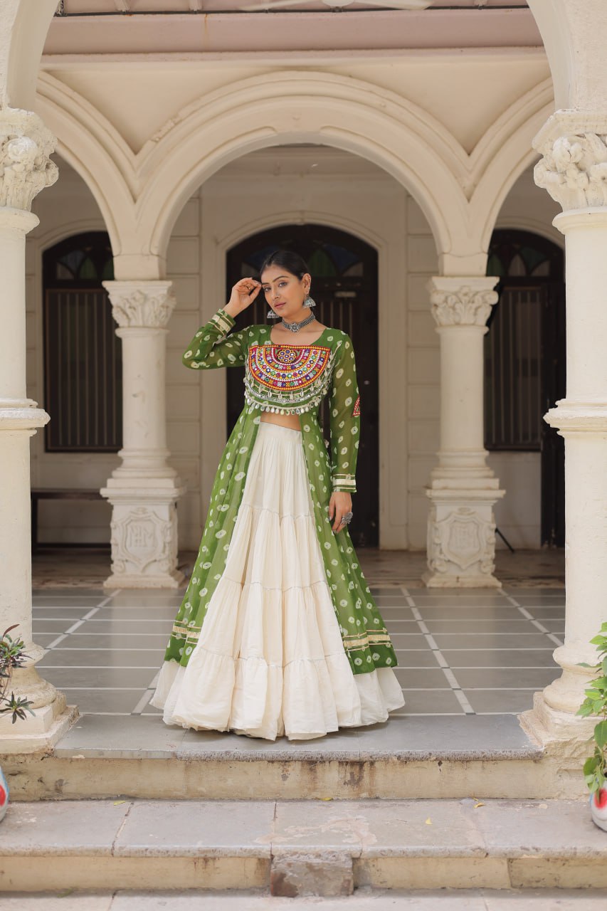 Green Navratri Special Bandhani Kurti with Kora Cotton Frill Lehenga Set – Full Stitched ClothsVilla