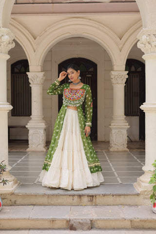 Green Navratri Special Bandhani Kurti with Kora Cotton Frill Lehenga Set – Full Stitched ClothsVilla