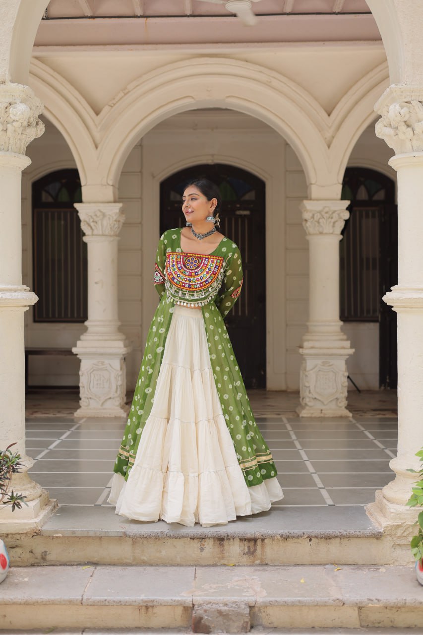 Green Navratri Special Bandhani Kurti with Kora Cotton Frill Lehenga Set – Full Stitched ClothsVilla
