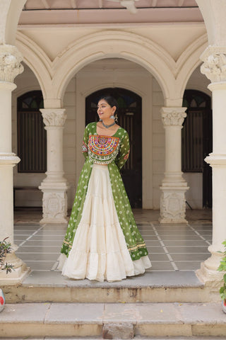 Green Navratri Special Bandhani Kurti with Kora Cotton Frill Lehenga Set – Full Stitched ClothsVilla