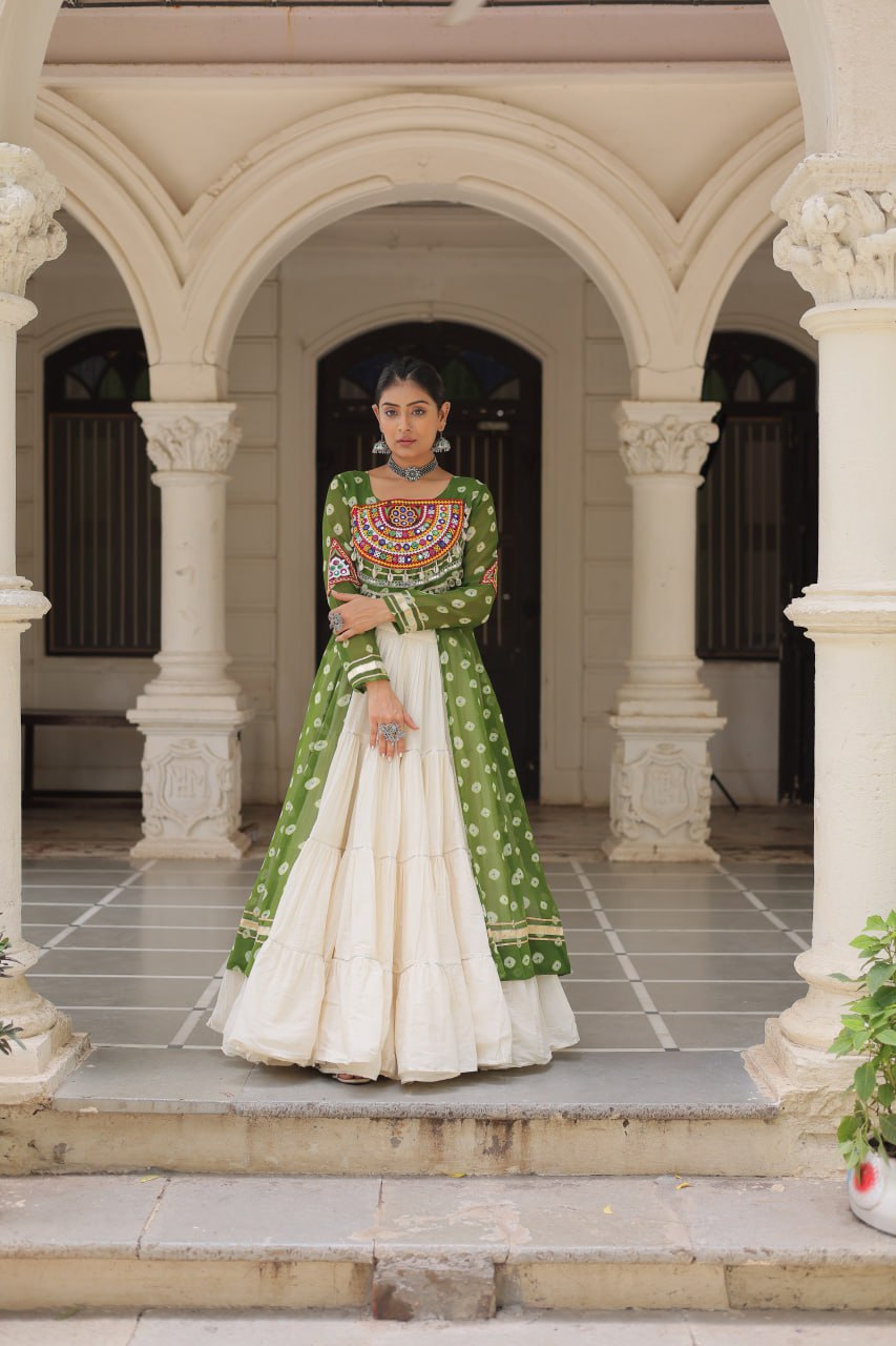 Green Navratri Special Bandhani Kurti with Kora Cotton Frill Lehenga Set – Full Stitched ClothsVilla