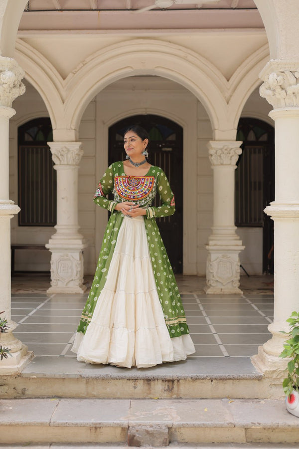 Green Navratri Special Bandhani Kurti with Kora Cotton Frill Lehenga Set – Full Stitched ClothsVilla