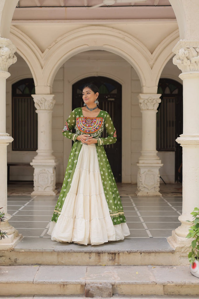 Green Navratri Special Bandhani Kurti with Kora Cotton Frill Lehenga Set – Full Stitched ClothsVilla