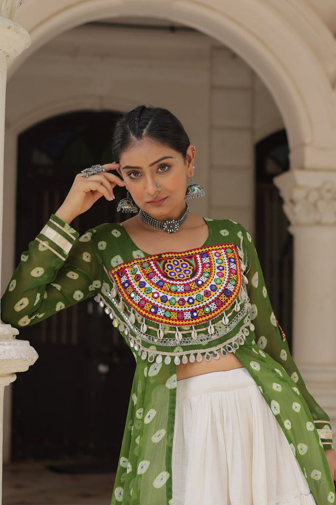 Green Navratri Special Bandhani Kurti with Kora Cotton Frill Lehenga Set – Full Stitched ClothsVilla