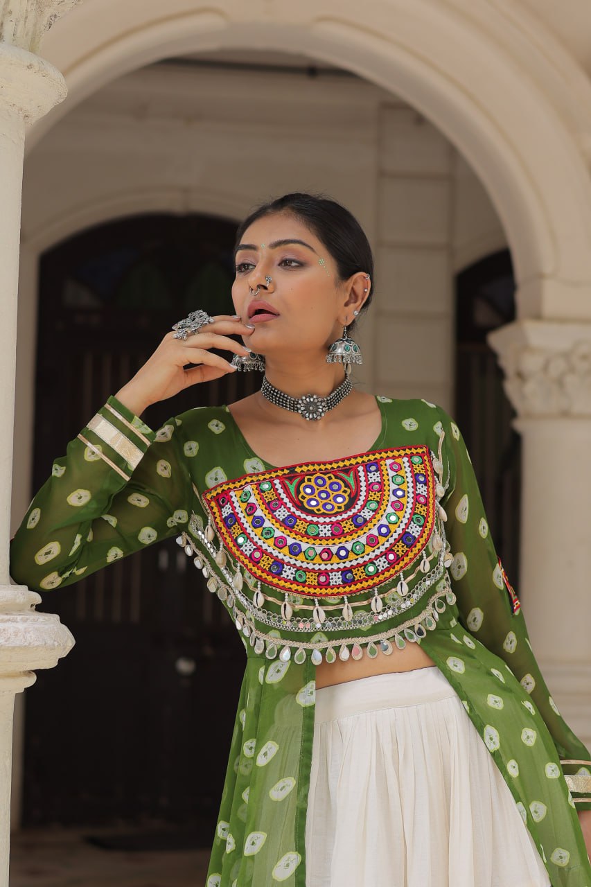 Green Navratri Special Bandhani Kurti with Kora Cotton Frill Lehenga Set – Full Stitched ClothsVilla