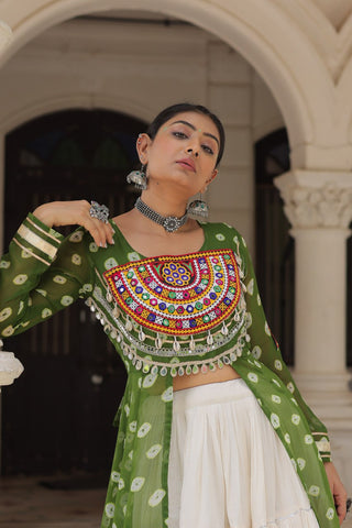 Green Navratri Special Bandhani Kurti with Kora Cotton Frill Lehenga Set – Full Stitched ClothsVilla