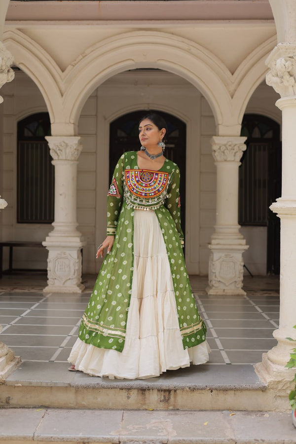 Green Navratri Special Bandhani Kurti with Kora Cotton Frill Lehenga Set – Full Stitched ClothsVilla