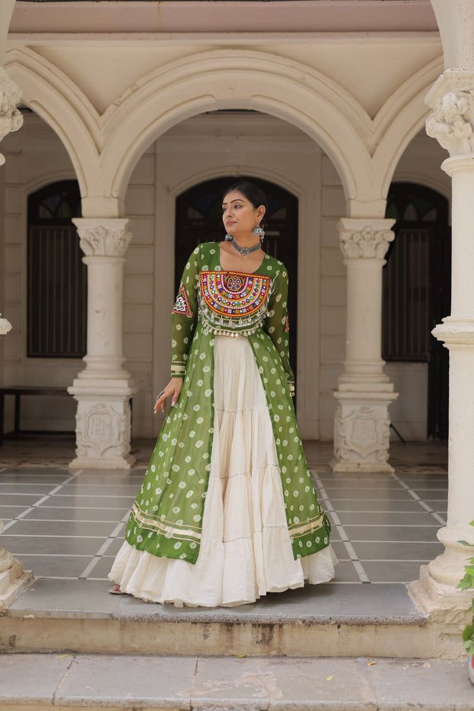Green Navratri Special Bandhani Kurti with Kora Cotton Frill Lehenga Set – Full Stitched ClothsVilla