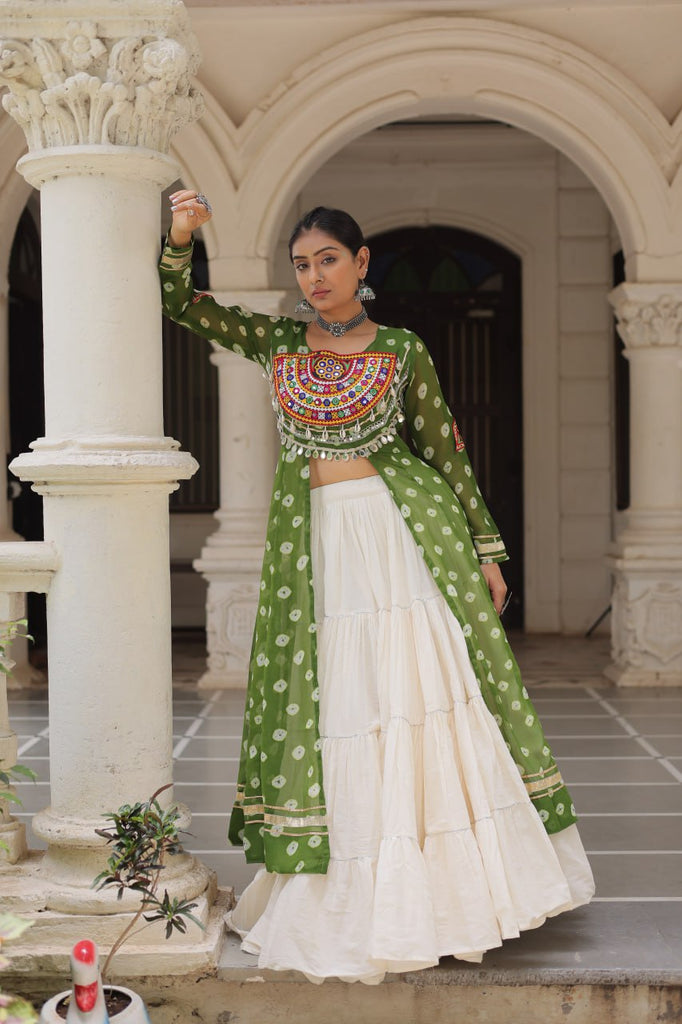 Green Navratri Special Bandhani Kurti with Kora Cotton Frill Lehenga Set – Full Stitched ClothsVilla