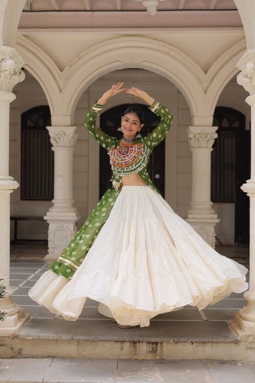Green Navratri Special Bandhani Kurti with Kora Cotton Frill Lehenga Set – Full Stitched ClothsVilla