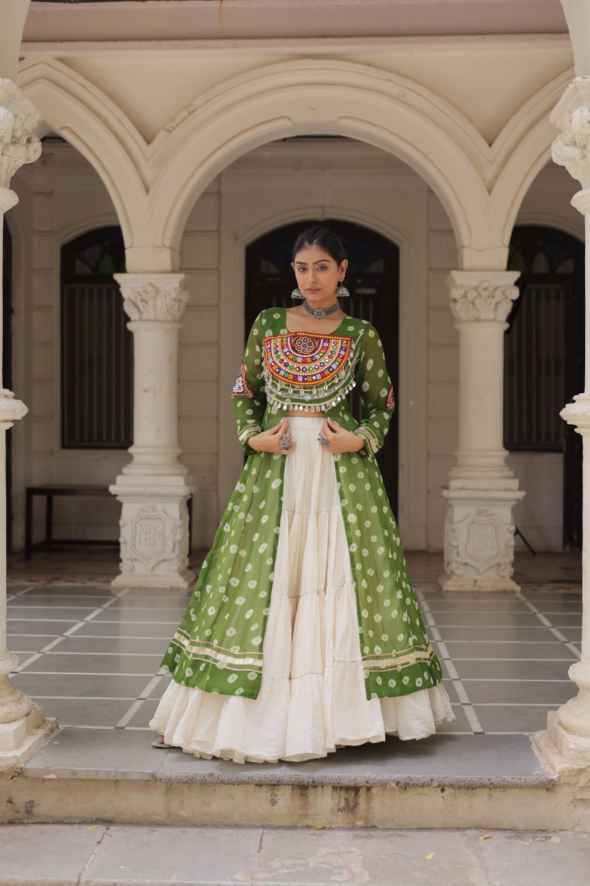 Green Navratri Special Bandhani Kurti with Kora Cotton Frill Lehenga Set – Full Stitched ClothsVilla