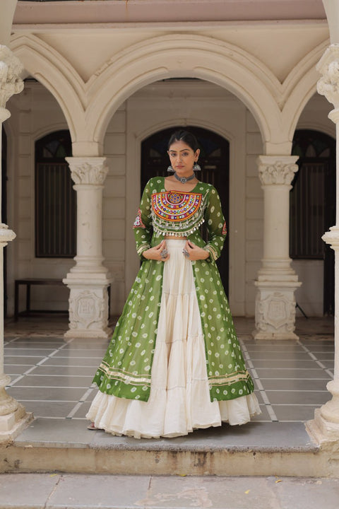 Green Navratri Special Bandhani Kurti with Kora Cotton Frill Lehenga Set – Full Stitched ClothsVilla Main image