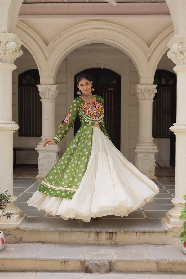 Green Navratri Special Bandhani Kurti with Kora Cotton Frill Lehenga Set – Full Stitched ClothsVilla
