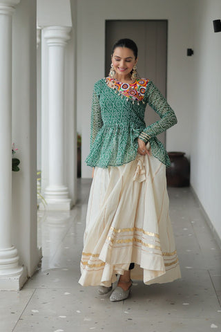 Green Navratri Special Cotton Lehenga Choli Set with Gota Patti Lace & Bandhani Gamthi Work – Full Stitched ClothsVilla
